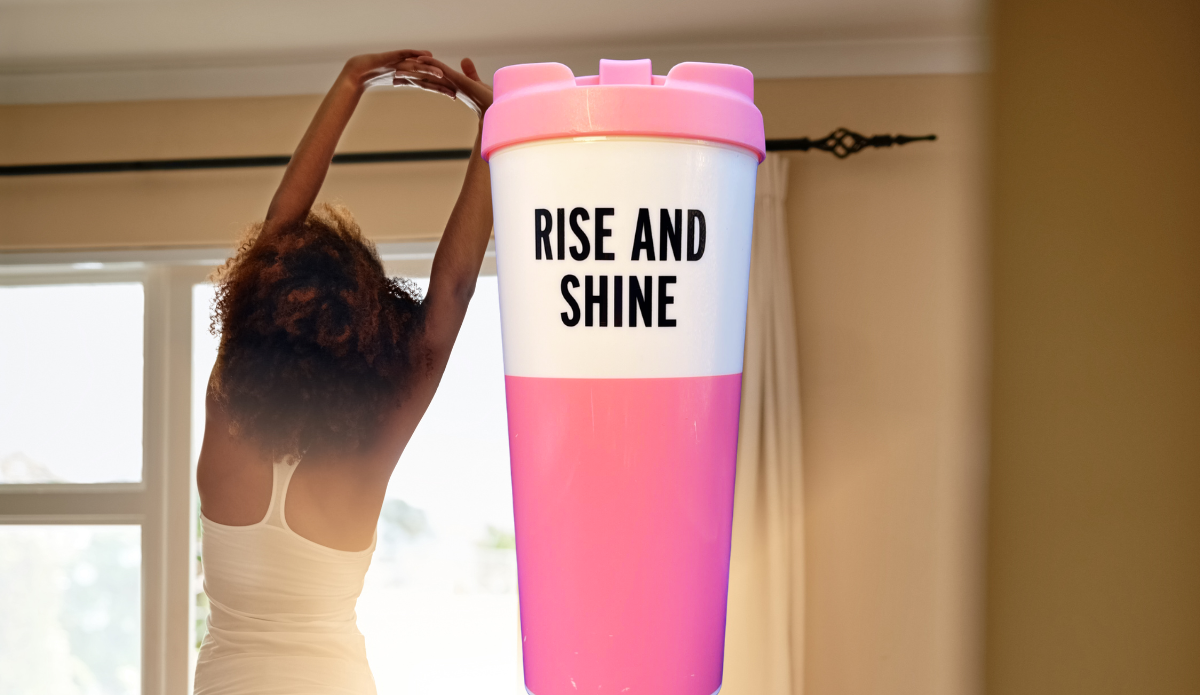 Kate Spade Rise and Shine Pink Tumbler in morning routine setting with natural light