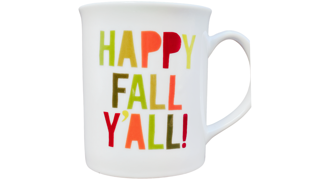 Happy Fall Y'all Mug front view with colorful autumn lettering on a glossy white Fringe Studio coffee mug