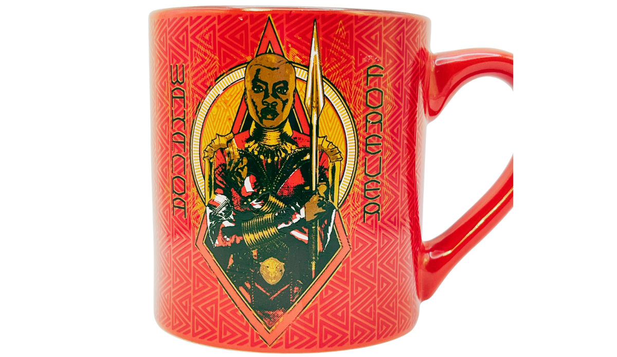 Marvel Black Panther Okoye Wakanda Forever ceramic mug with red geometric background