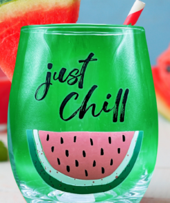 Just Chill Stemless Wine Glass styled with watermelon and refreshing summer drinks