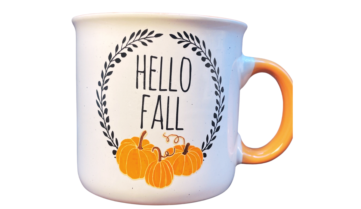 Cynthia Rowley Pumpkin Mug front view with HELLO FALL lettering, black leafy frame, orange pumpkins, and orange handle