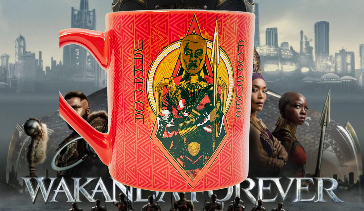 Marvel Black Panther Okoye Wakanda Forever mug displayed with Wakandan movie background