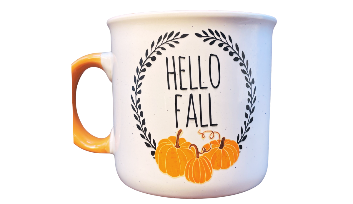 Cynthia Rowley Pumpkin Mug back view with matching HELLO FALL lettering, leafy branches, and orange pumpkins