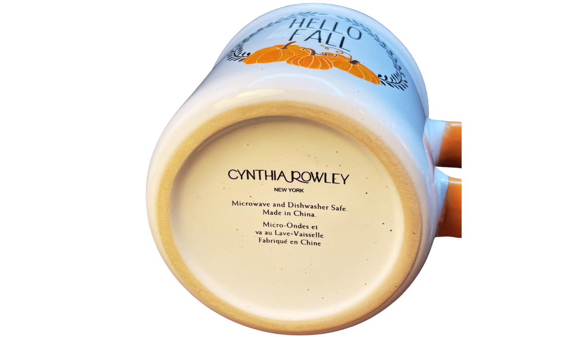 Cynthia Rowley Pumpkin Mug bottom view showing Cynthia Rowley New York and care markings