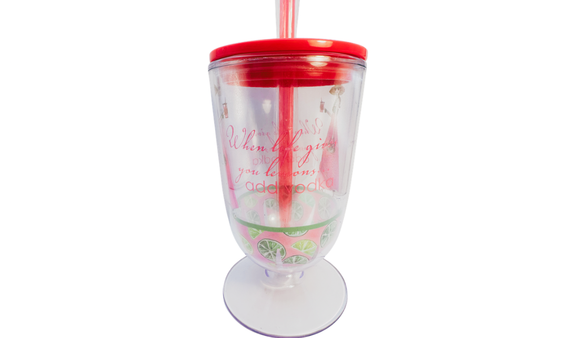 acrylic travel mug with straw front view vodka quote lemons pink lid