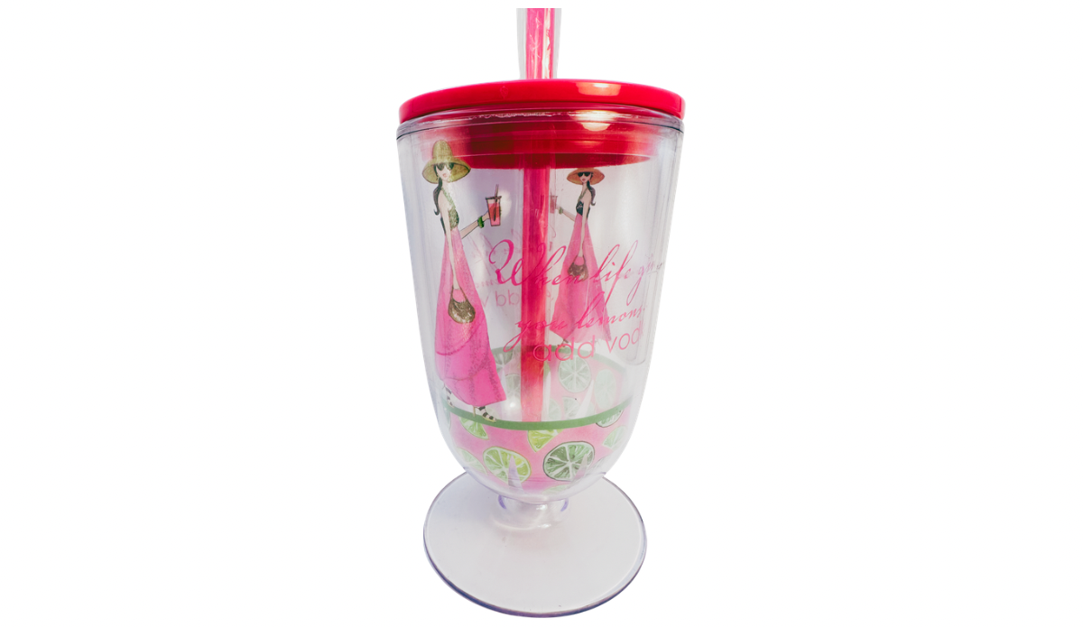 acrylic travel mug fashion illustration woman pink dress wraparound design