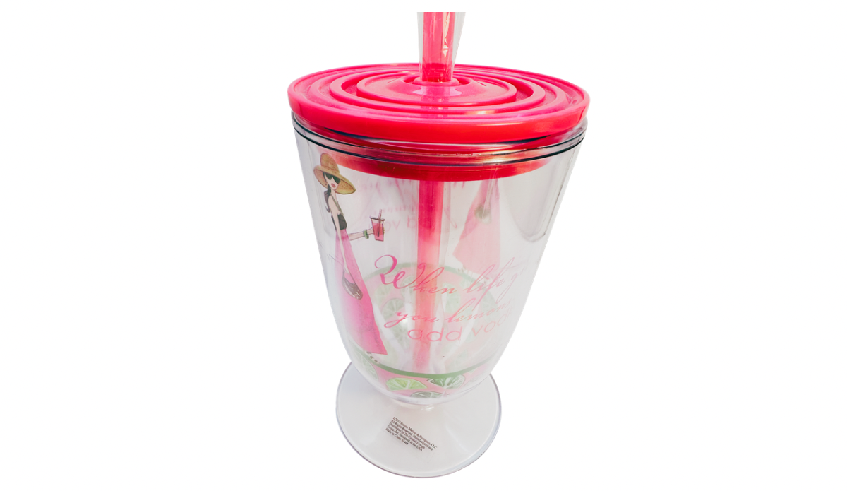acrylic travel mug pink lid straw top view reusable lid detail
