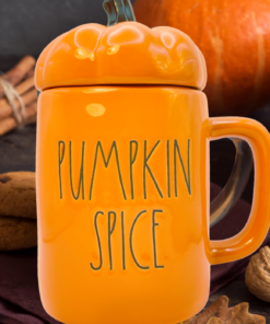 Rae Dunn Pumpkin Spice Mug displayed with pumpkins, cinnamon sticks, cookies, walnuts, and autumn leaves