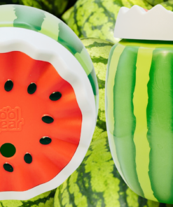 Cool Gear Oversized Watermelon Water Bottle and sculpted lid displayed among whole watermelons