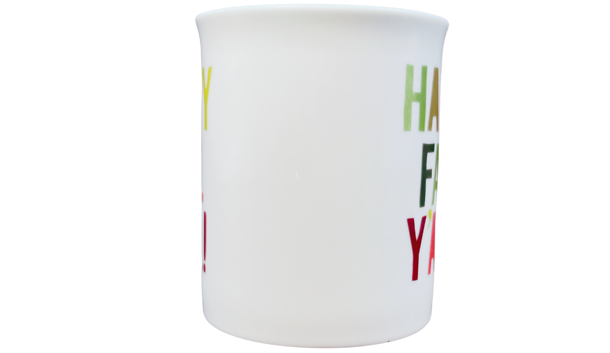 Happy Fall Y'all Mug middle view showing the glossy white ceramic body between the colorful fall designs