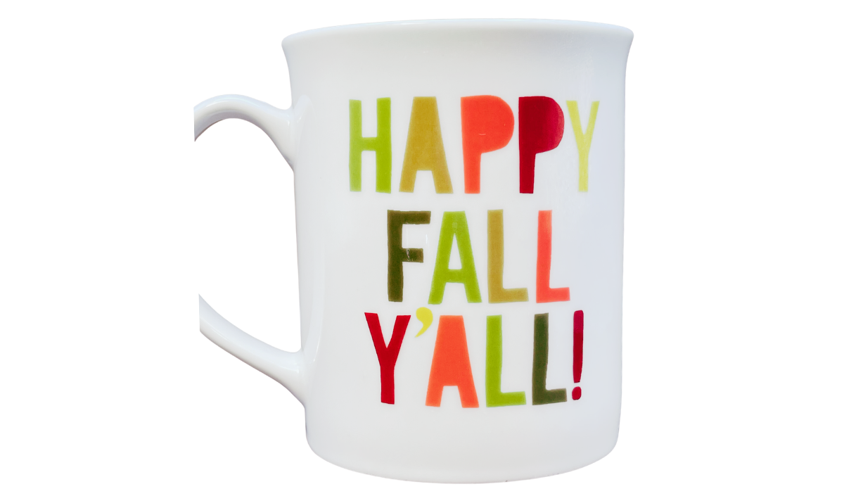 Happy Fall Y'all Mug back view with matching multicolored fall lettering on white ceramic