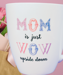 Pfaltzgraff Mom Is Just Wow Upside Down Mug with pink tulips and gift bag Mother’s Day setting