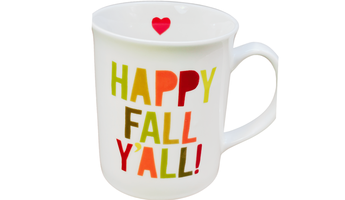 Happy Fall Y'all Mug top view showing colorful lettering and a small red heart inside the white mug