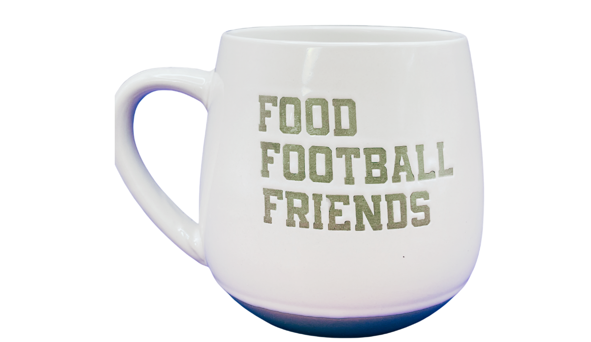 Food Football Friends Game Day mug front view with stacked gray-green lettering on glossy white body