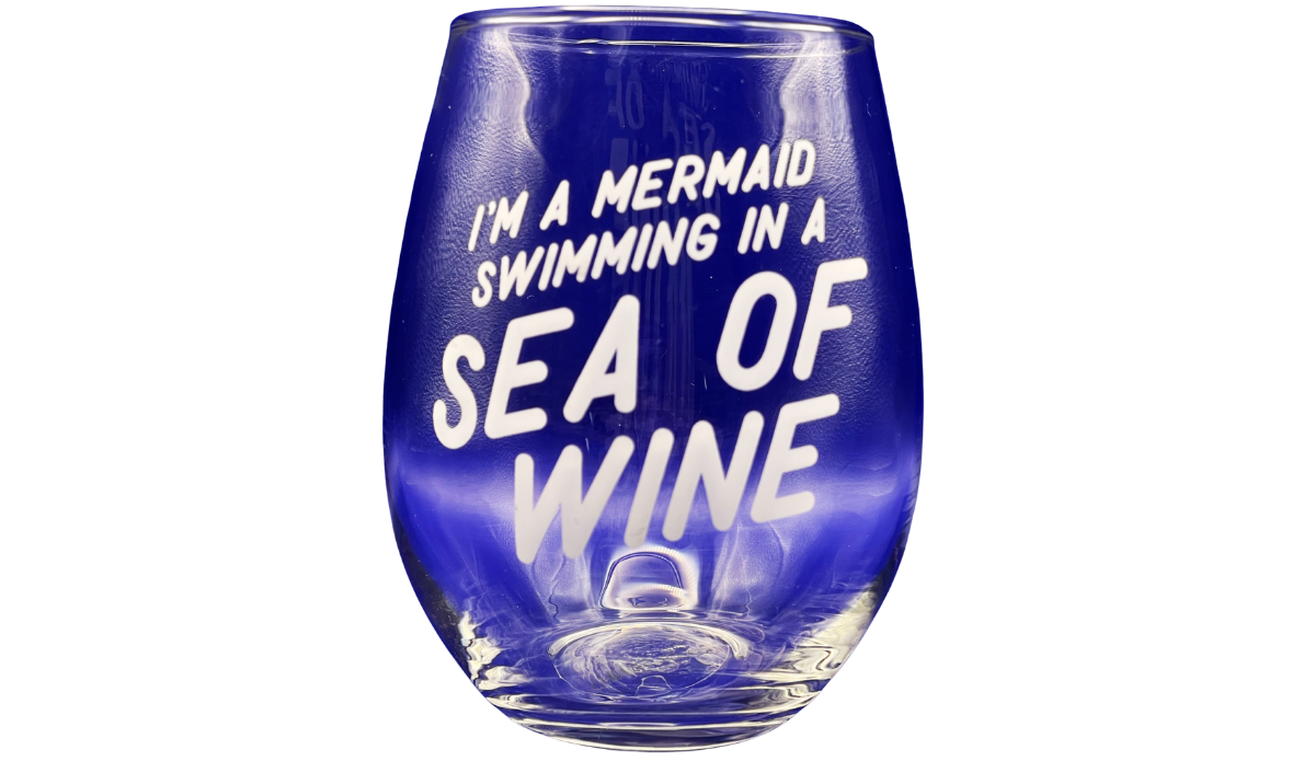 Mermaid Sea Of Wine Stemless Wine Glass in clear glass with white mermaid swimming in a sea of wine message