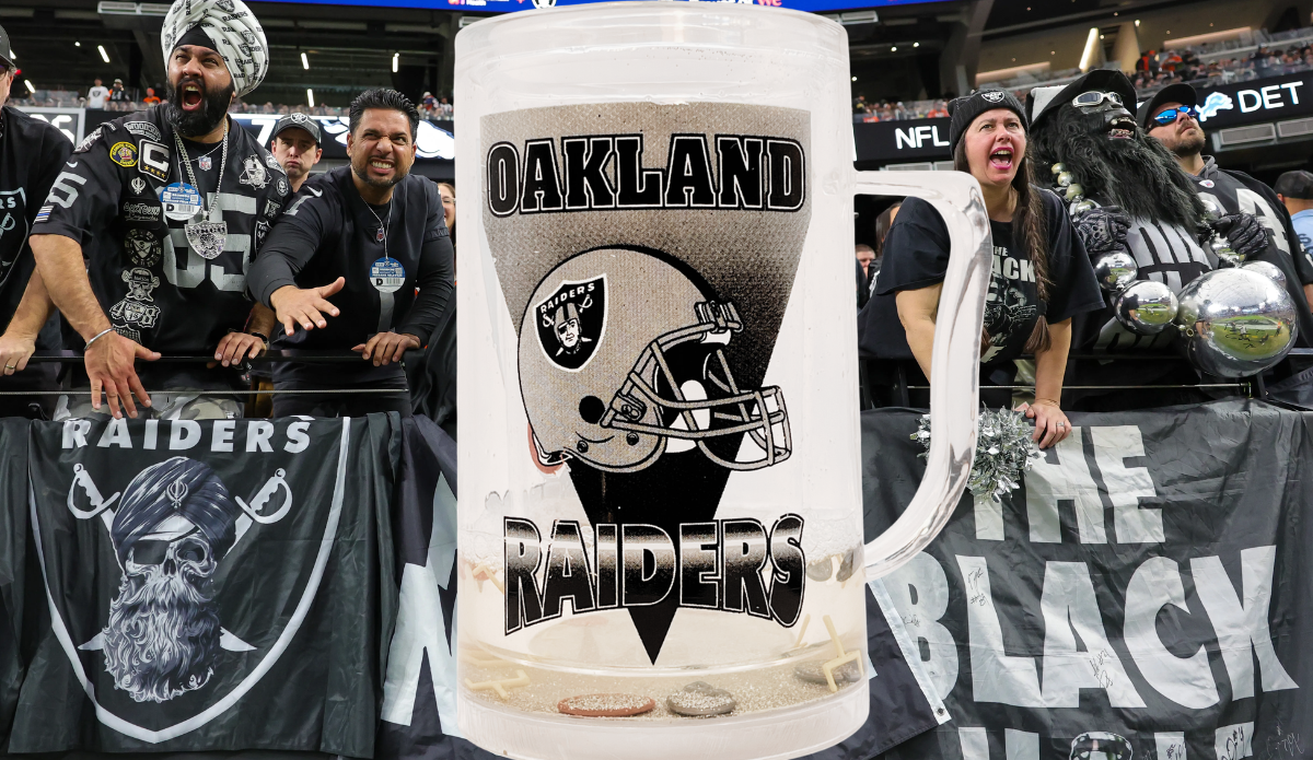 Oakland Raiders floating football acrylic freezer mug displayed with Raiders fans at football game