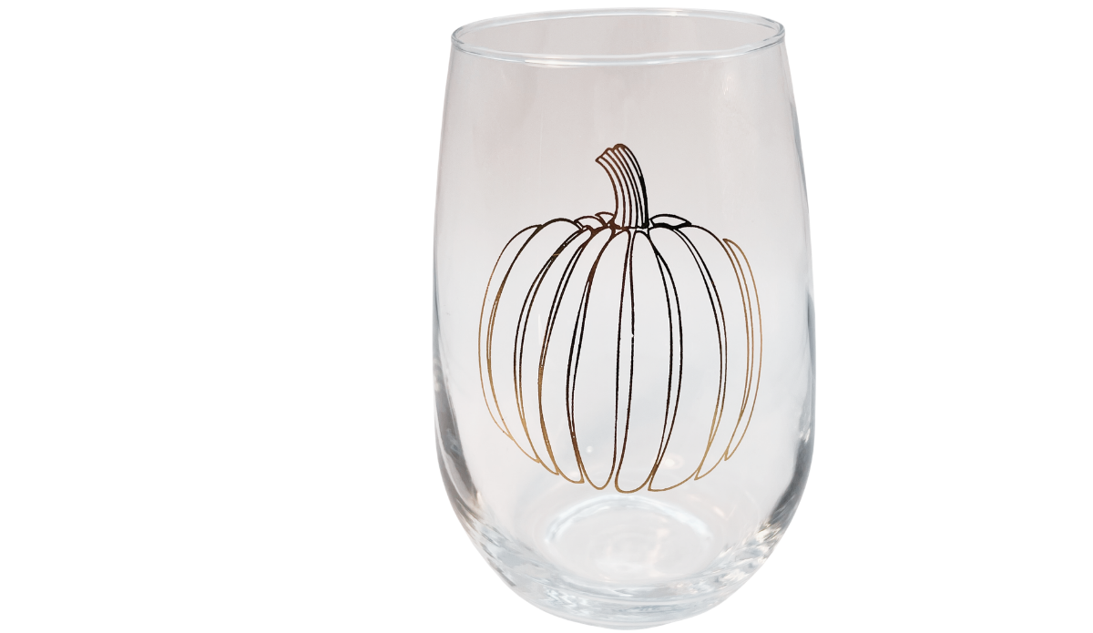 Jumbo Pumpkin Stemless Wine Glass front view with large brown and gold-tone pumpkin line design