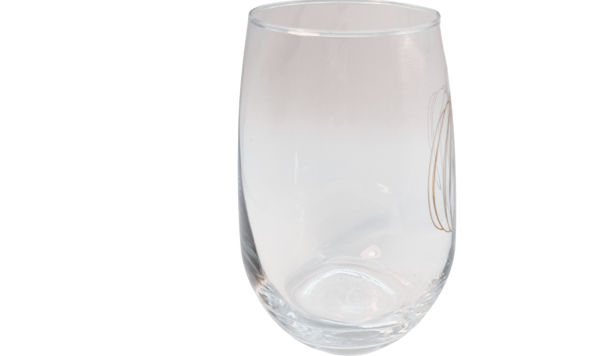 Jumbo Pumpkin Stemless Wine Glass side view showing clear glass and edge of pumpkin design
