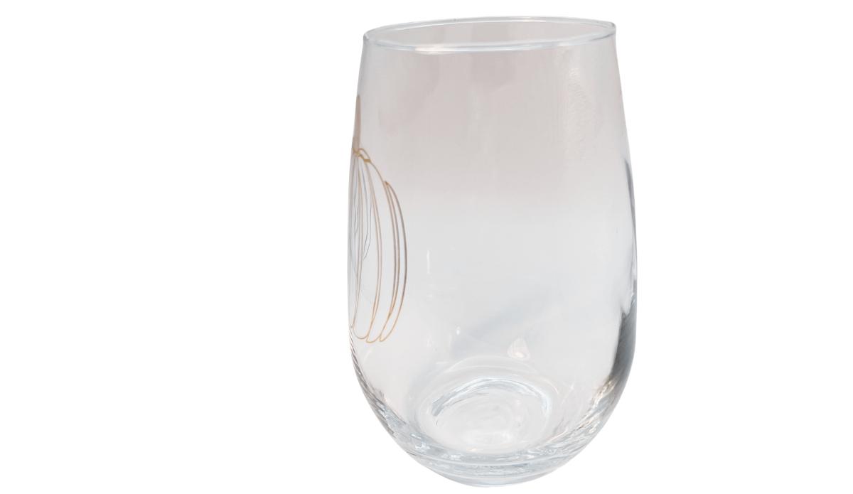 Jumbo Pumpkin Stemless Wine Glass opposite side view with partial pumpkin line artwork
