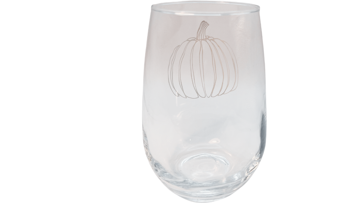Jumbo Pumpkin Stemless Wine Glass back view showing pumpkin design through transparent glass