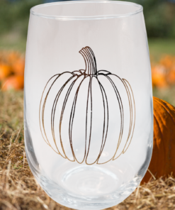 Jumbo Pumpkin Stemless Wine Glass in pumpkin patch fall lifestyle scene