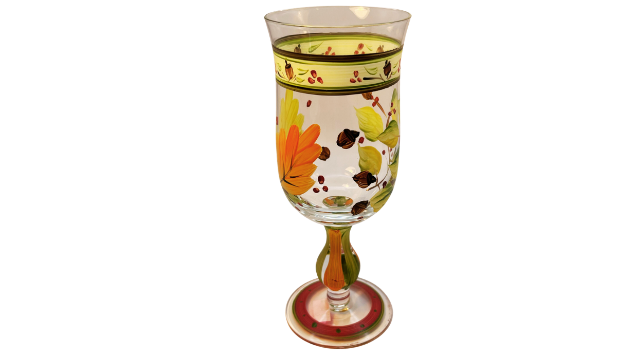 Autumn Leaves Wine Glass side view with orange leaves, green foliage, brown accents, and hand-painted upper border