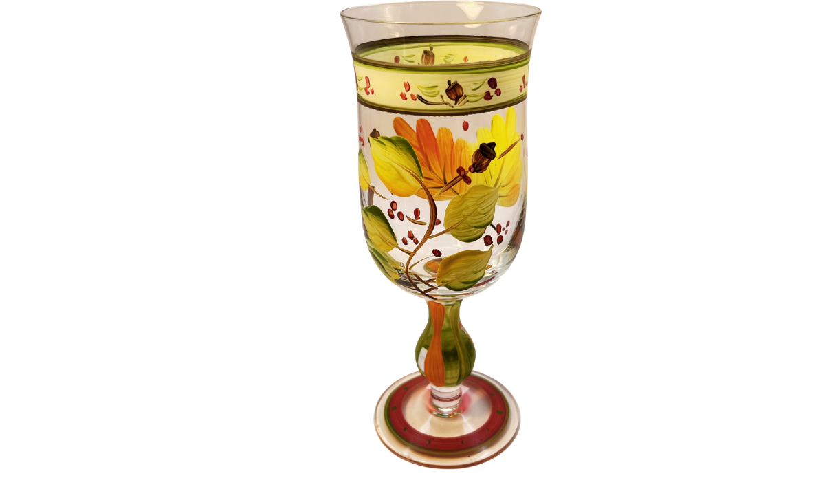 Autumn Leaves Wine Glass back view with hand-painted orange and yellow leaves, green foliage, berries, and branches