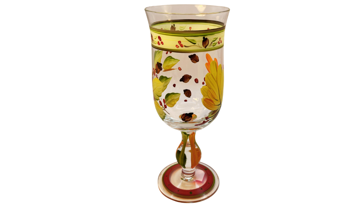 Autumn Leaves Wine Glass side view with brown autumn accents, yellow foliage, green leaves, and red berry details