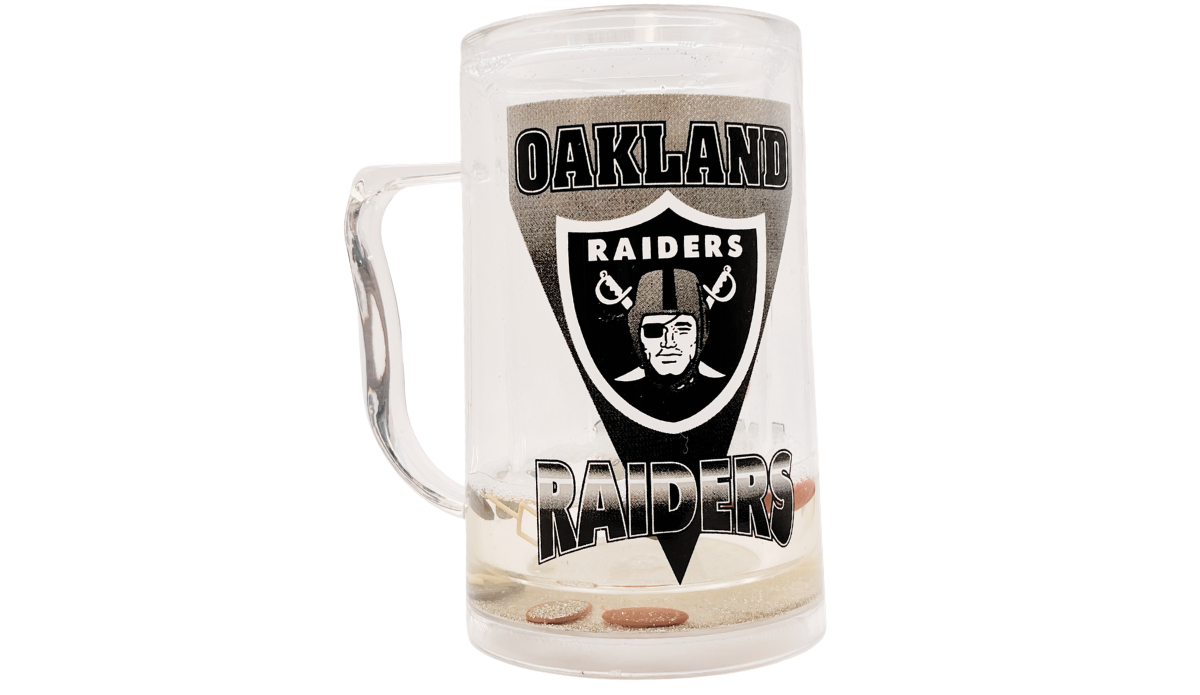 Oakland Raiders floating football acrylic freezer mug with shield logo and Oakland Raiders lettering