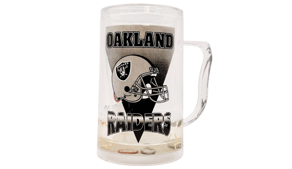 Oakland Raiders acrylic freezer mug back view with silver football helmet graphic