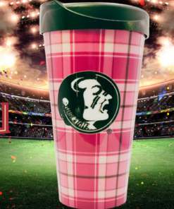 Florida State Seminoles Pink Plaid Tumbler displayed in an FSU football stadium game day scene