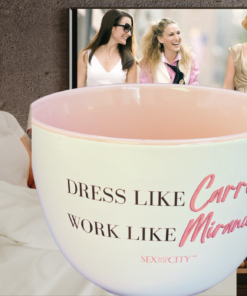 Sex and the City jumbo soup mug styled in cozy setting with soup and soft decor