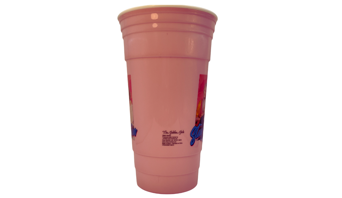 golden girls tumbler side view showing pink body and design placement