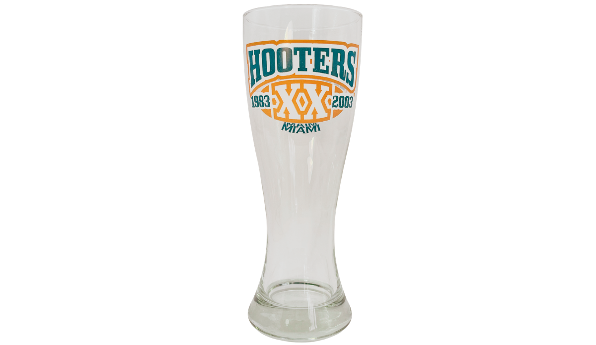 Vintage Miami Hooters 20th Anniversary pilsner glass with 1983 2003 XX football graphic