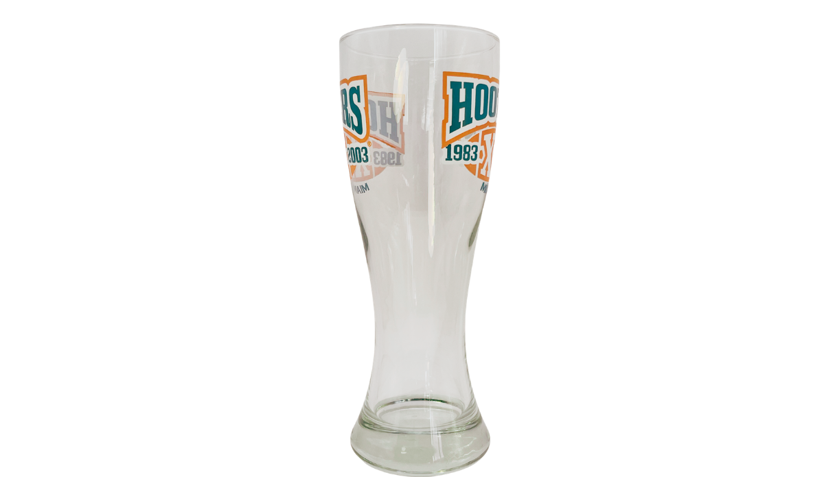 Opposite side of Vintage Miami Hooters pilsner glass with 1983 and 2003 anniversary artwork