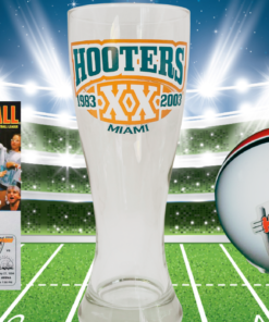 Vintage Miami Hooters 20th Anniversary pilsner glass with Miami Hooters football helmet and ArenaBall magazine