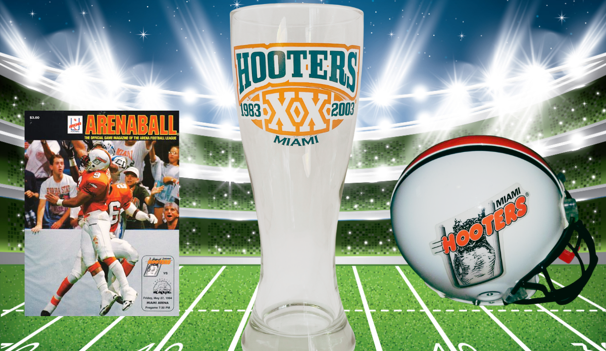 Vintage Miami Hooters 20th Anniversary pilsner glass with Miami Hooters football helmet and ArenaBall magazine