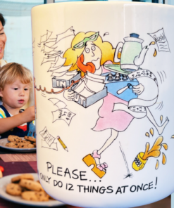 funny mom mug multitasking cartoon mug with busy mom and kids kitchen scene lifestyle