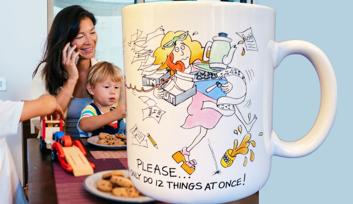funny mom mug multitasking cartoon mug with busy mom and kids kitchen scene lifestyle