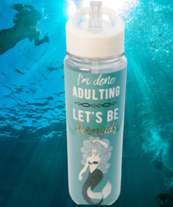 Let’s Be Mermaids Water Bottle in a styled underwater scene with swimming mermaid silhouettes