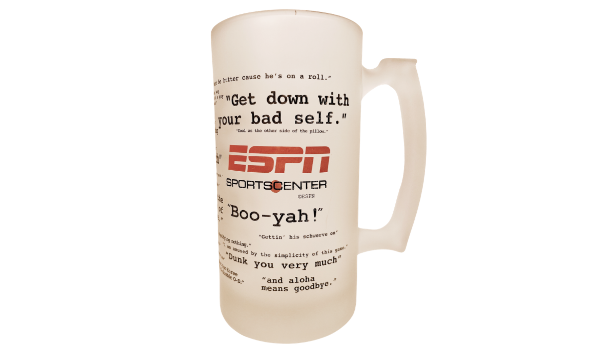 ESPN SportsCenter Catchphrase Stein front view with red ESPN logo and wraparound sports quotes