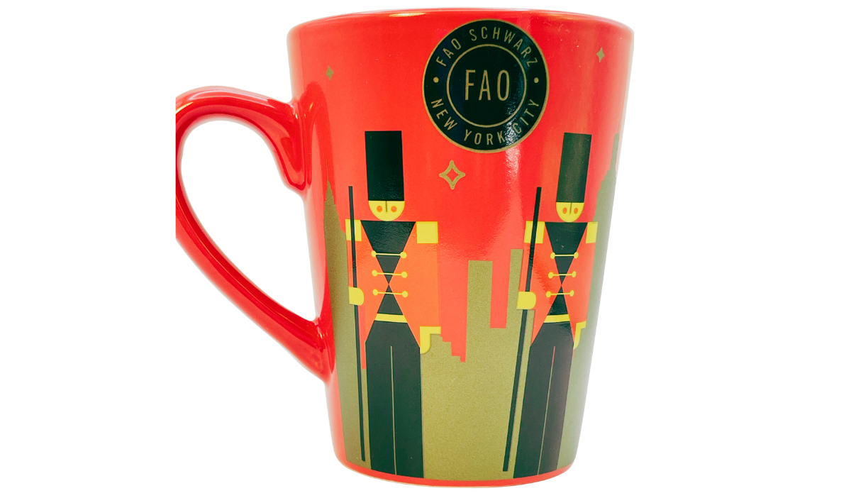 Reverse side of FAO Schwarz New York Toy Soldier Mug with wraparound holiday design