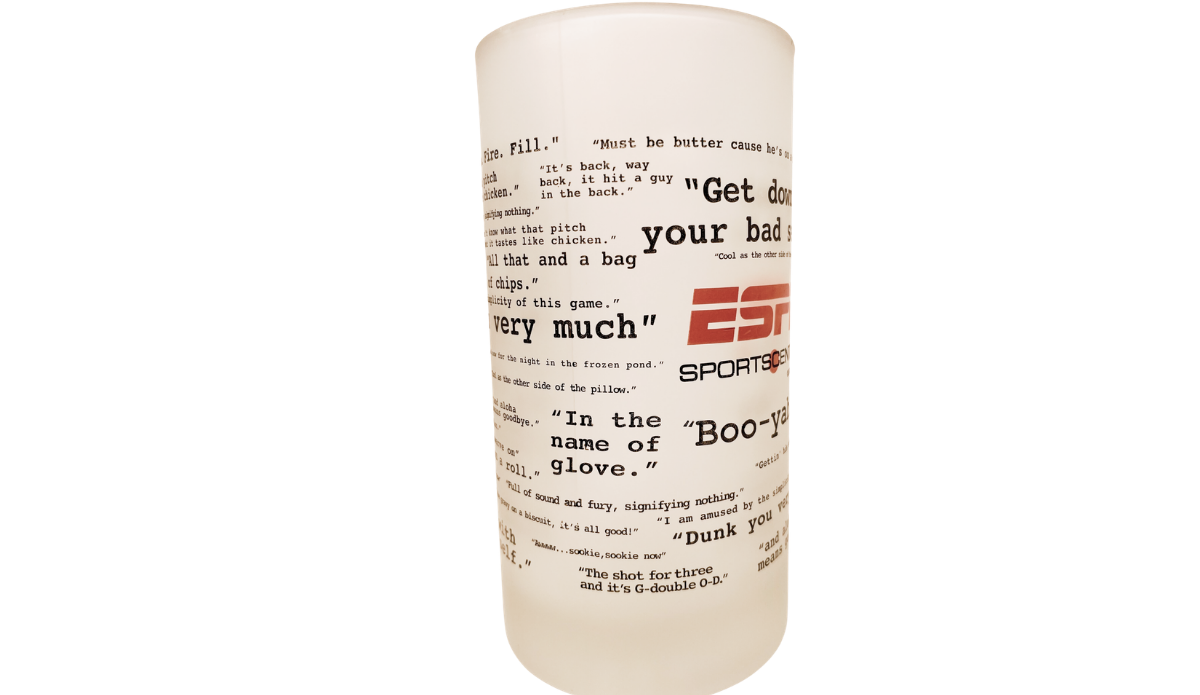 ESPN SportsCenter Catchphrase Stein middle view with black sports quotes and partial ESPN logo