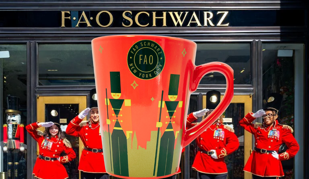 FAO Schwarz New York Toy Soldier Mug displayed in front of the FAO Schwarz flagship store