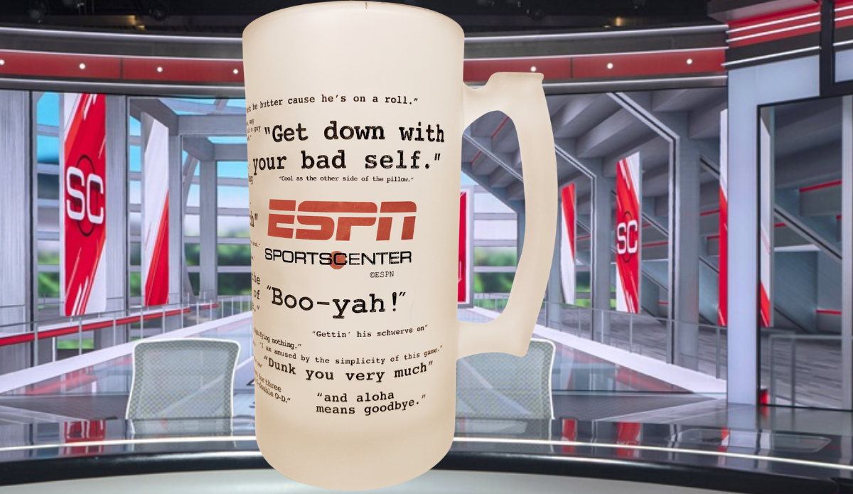 ESPN SportsCenter Catchphrase Stein displayed in SportsCenter inspired studio scene