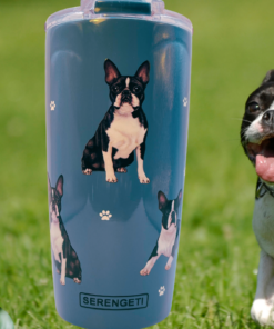 Serengeti Boston Terrier stainless steel tumbler outdoors with Boston Terriers on green grass