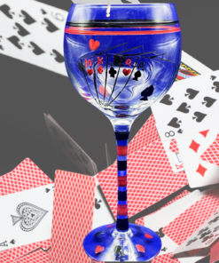 Hand Painted Playing Cards Wine Glass displayed among floating poker cards with blue bowl and red striped stem