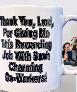 Funny Coworkers Mug displayed in a playful office scene with coworkers enjoying a lively workplace moment.