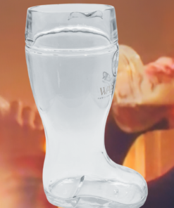 Warsteiner Beer Boot Glass in a warm beer celebration setting with raised drinks