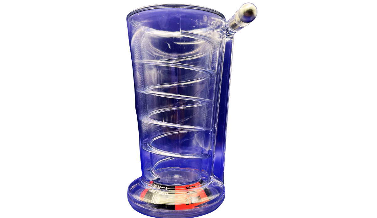 Pinball Pint Glass Drinking Game front view with clear acrylic body, spiral track, spring plunger, and colorful action wheel